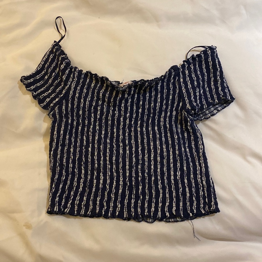 off the shoulder blue and white crop top from lottie moss